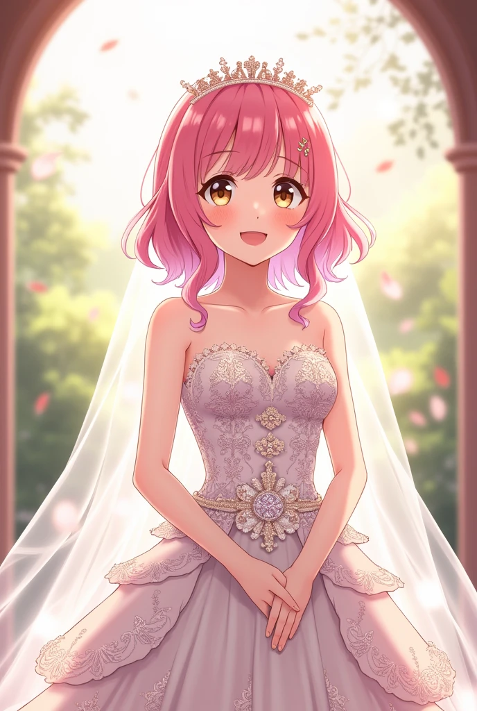 Jujutsu Kaizen screenshot. Pink hair girl, Brown eyes, smiling in a wedding dress