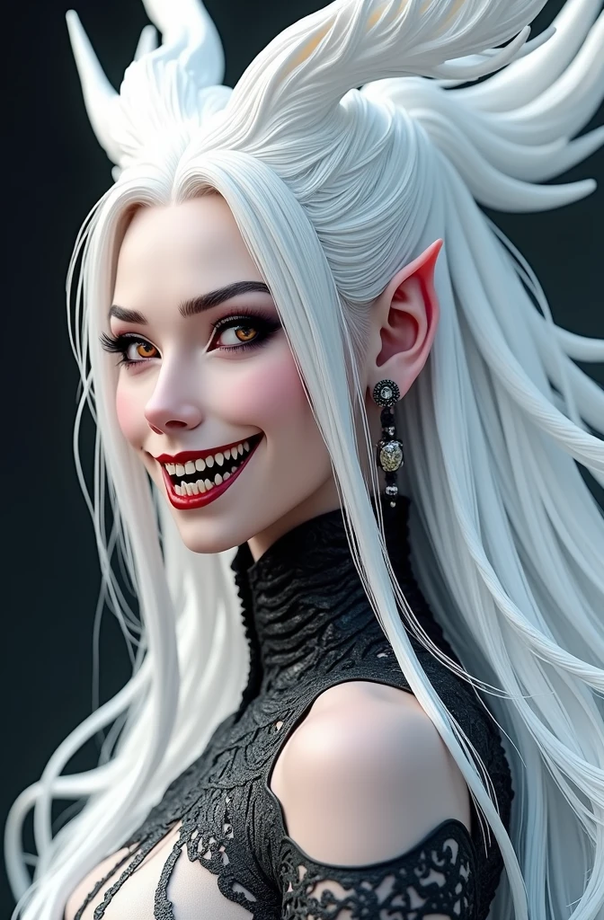 a white-haired demon with horns, highly detailed, intricate, cinematic lighting, dramatic pose, dark and moody atmosphere, deep shadows, realistic skin texture, glowing eyes, sharp teeth, powerful expression, dramatic lighting, cinematic composition, muted color palette, realistic rendering, epic fantasy style