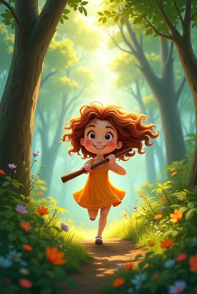 Create a Pixar-style photo of a , of her running in a forest with a flute in her hand.