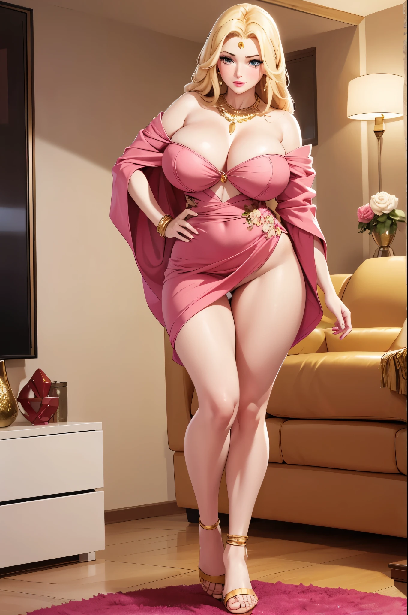 An extremely beautiful stunning woman with a perfect busty body, gold blonde long silky hair, big blue eyes, extremely super bright snow white fair stunning flawless glowing lush shiny white skin, a perfect tight hourglass figure, and a skinny waist, sexy thick smooth luscious legs and thighs, extremely cute smile on the face, bright pink blushes on cheeks, wearing a short revealing brown floral dress with a white off-shoulder shawl, pink flipflop sandals, gold necklace on the neck, gold anklets on feet, standing straight, holding a red rose, living room in the background, show full body from head to feet.
