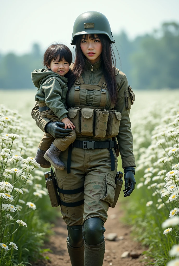 Photo-realistic, ultra-realistic, (very beautiful Japanese, famous Japanese idol:1.3), (Fully equipped for battle:1.5), large assault rifle on her back, (amazing view of white flower farm:1), (painful impressions, crying:1.3), (wearing an army soldier's Camouflage outfits with military helmet:1.5), (standing in the middle of the white flower farm:1.3), very large breasts, (tactical vest, military harness:1.3), (military long boots:1), dynamic angle, spectacular, (injured:1.3), (muddied, damaged wears, damaged body:1.3), holding a smiling child