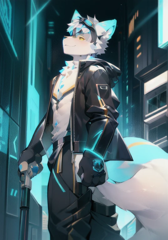 White male cat，boys，Handsome，Silver Hair，Detailed background，，Golden Eyes，futuristic city，Neon lights，Wearing black tech armor，Wearing goggles，Hairy pads，Big furry tail，Blue-white ears