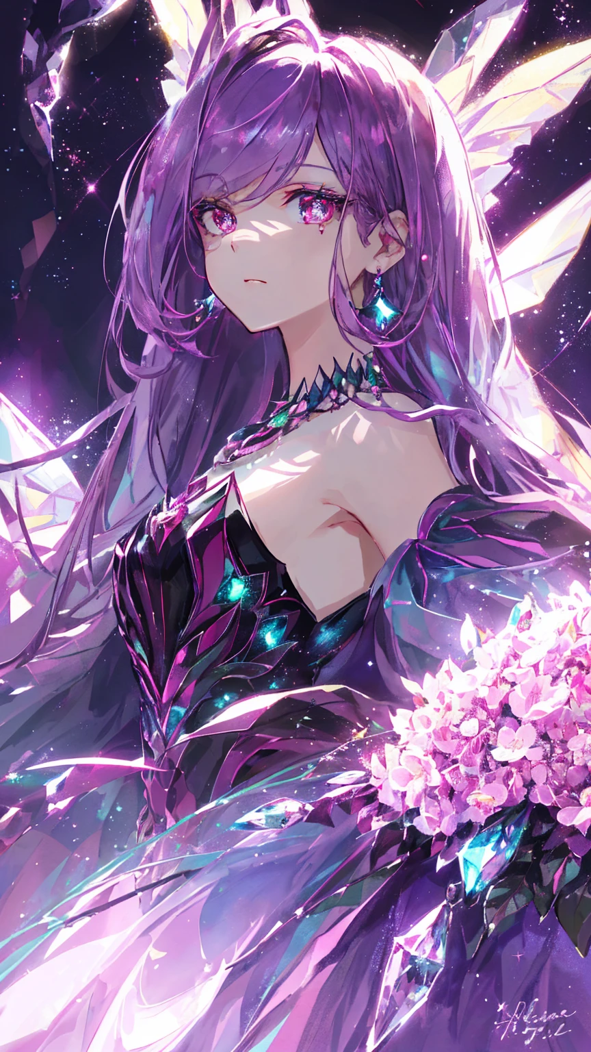 1 girl masterpiece, highest quality, shape, alexandrite eyes and hair, alexandrite earrings, alexandrite necklace,fairy, cute, (dynamic lighting:1.2), cinematic lighting, delicate features, fine red eyes, sharp pupils, realistic student, written boundary depth, Bokeh, sharp focus, (very detailed, bloom, shine:1.4), lots of little gems