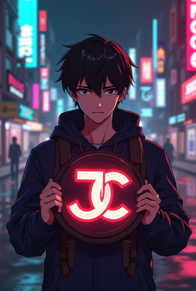 dark brown hair male character carrying a logo with the initials "J" and "C", retro video game theme