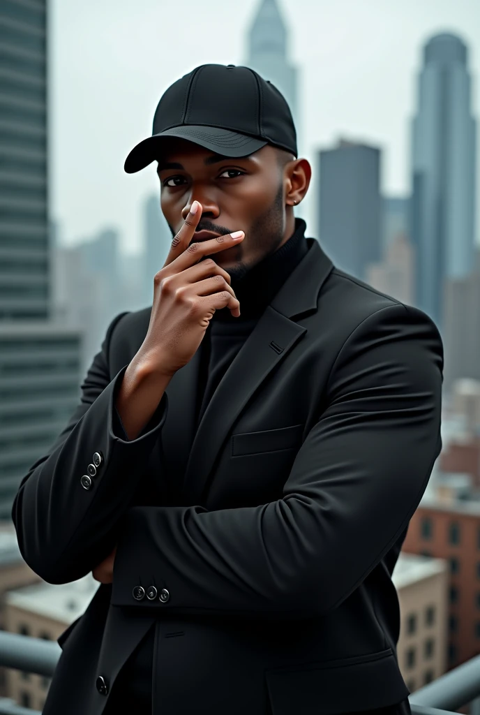 model man , posing for a photo by placing your hand in front of your face , with black clothes , Black cap , city background