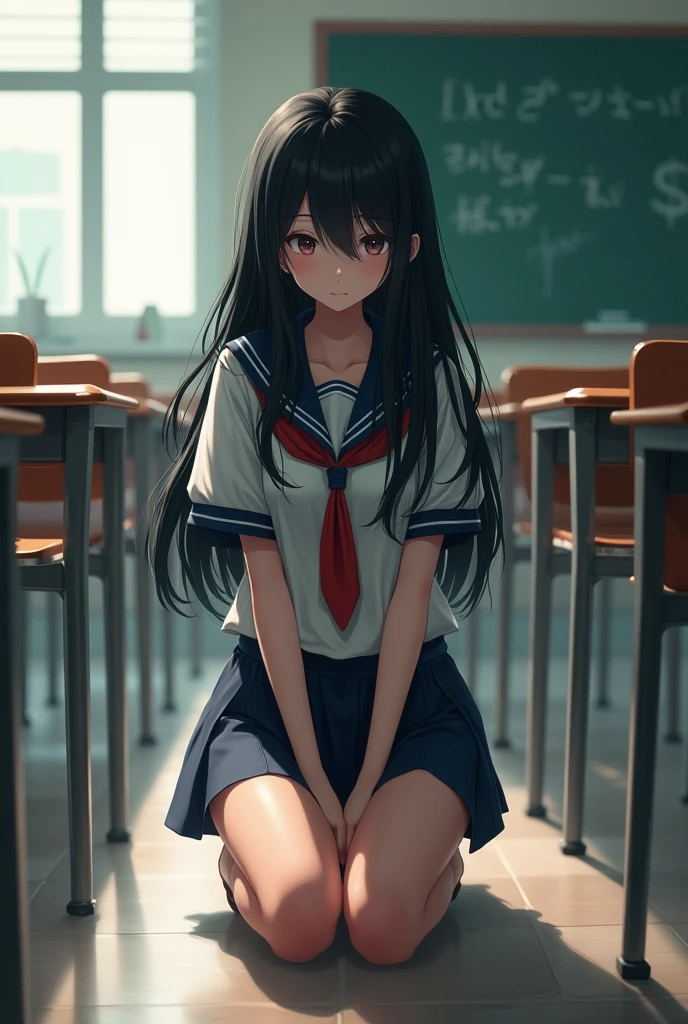 A high school girl with long black hair is kneeling on the floor。
Accentuate your thighs。
Location: Classroom