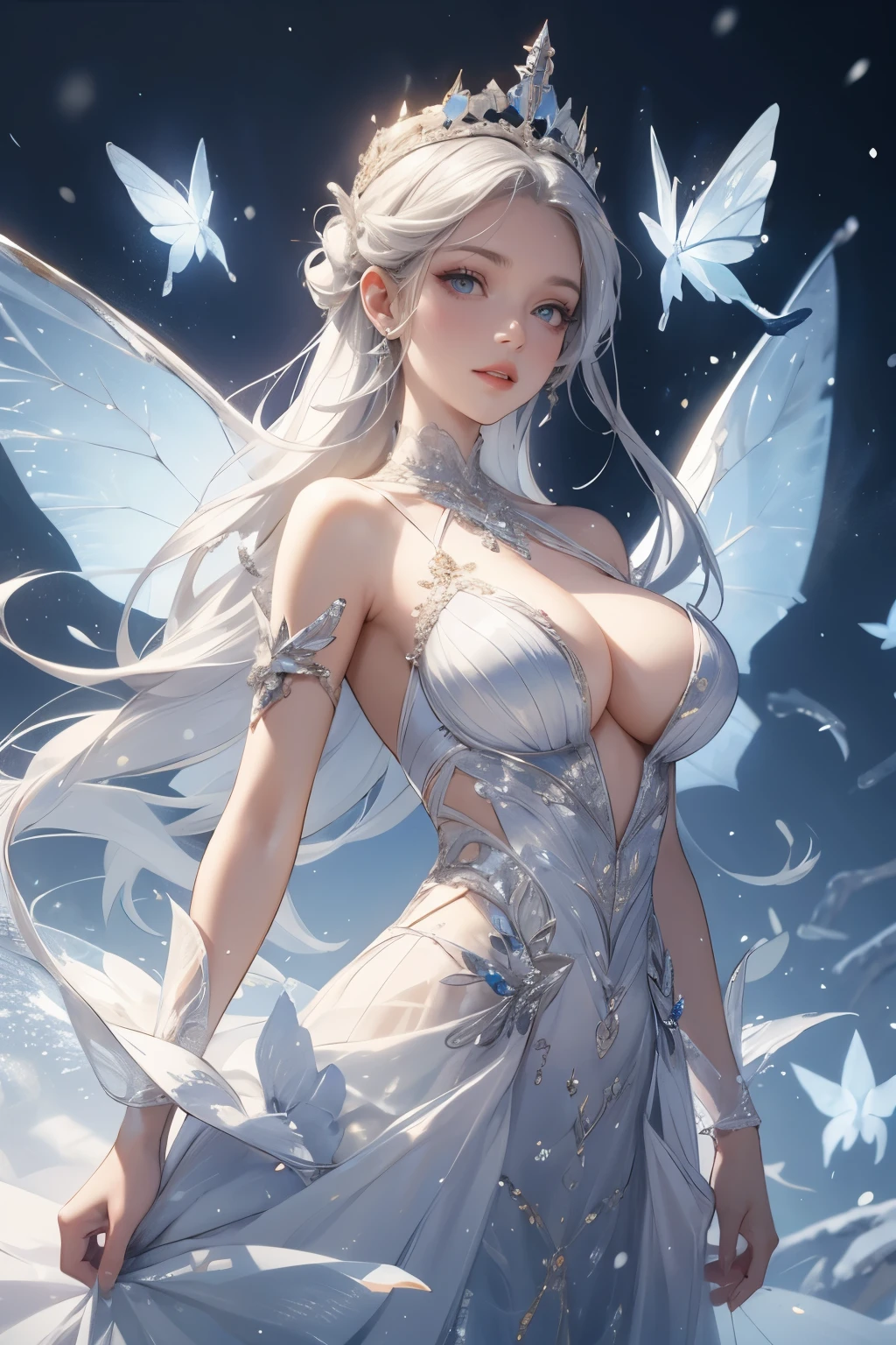 The Snow Queen, she wearing Long silver glittering dress , big breasts，The Ice crown On her head,Background is Ice snakes and Ice butterflies flying