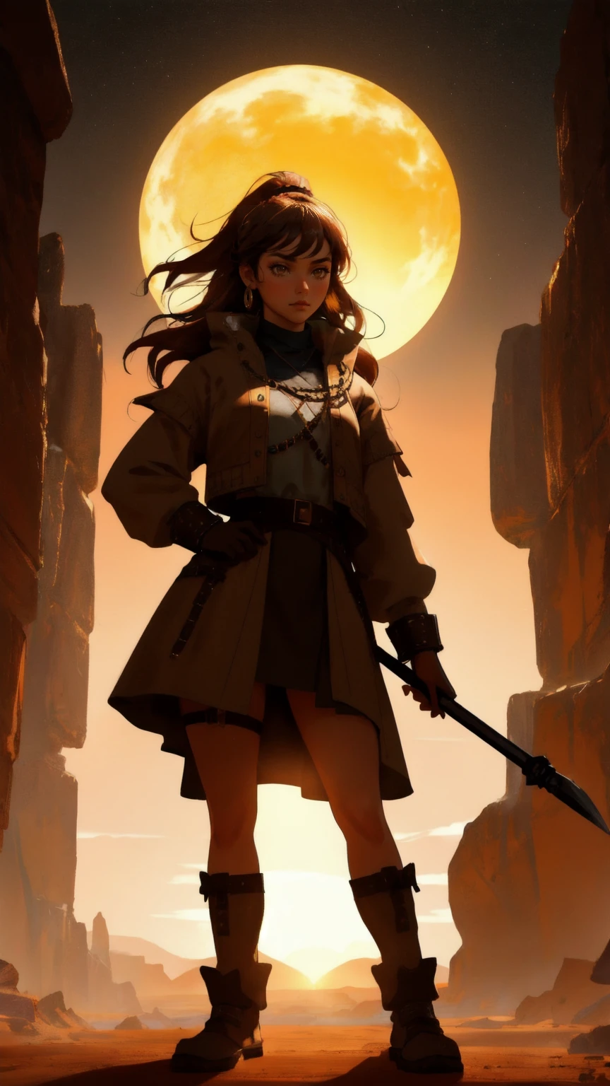 OG Crypto Dinosaur in a brown background: A beautiful, cute girl dressed as a fierce, ancient warrior, standing in a vast, rocky desert. The ground is cracked, and large Bitcoin coins are partially buried beneath the surface, hinting at an ancient crypto civilization. The brown, earthy tones of the background, combined with the intense glow of the setting sun, create a mystical, prehistoric atmosphere. The girl, holding a spear, stands tall and powerful, embodying the spirit of the 'OG Crypto Dinosaur' with a modern twist.