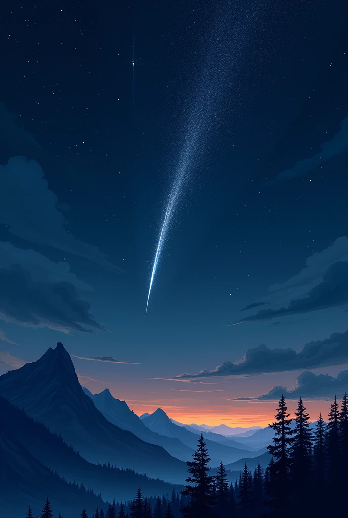 Une image d'une étoile filante traversant les cieux dans un style graphique. Bande dessinée avec des couleurs très froides. Le ciel doit être noir l'étoile à peine visible au loin. Une illustration digne des plus grands chef-d'œuvre