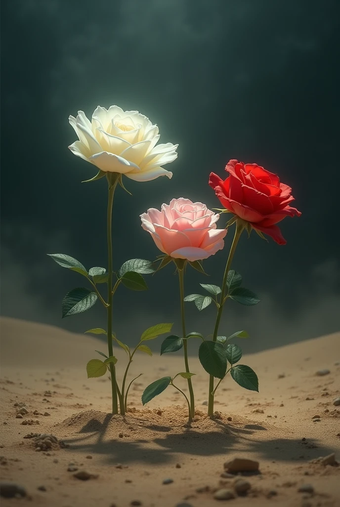 3 flowers(one red one pind one white) standing in arid desert, nightmare view darkness everywhere. The white rose are the longest and the strongest between all the other rose. The pink one are the only source of the light she illuminate the scene even if she is the most fragile. The red rose are the most beautiful and her petal draw a path in this nightmare desert . The scene come from a dream