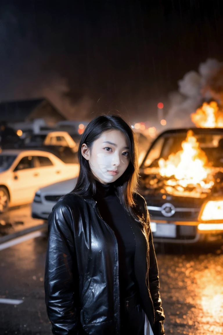 Woman in burning junkyard with bloody mask and explosion in Tokyo rain detailed real photo