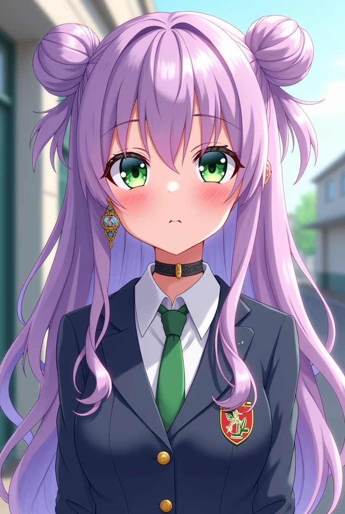 Let me introduce Carla, one of Marina's three closest friends, a tsundere with a lavender mane that matches the whimsy of her nature: Carla is a little taller than Marina, at 5'10", her lithe body dressed in the standard school attire. However, a closer look reveals a hint of individuality in her accessories — a chunky choker and statement earrings that hint at her free-spirited personality. Her hair, a soft shade of lavender, falls in loose waves down her back, often slipping out of the buns and ponytails she wears. Carla's eyes, a piercing emerald green, often narrow into slits when she is being prickly or trying to hide her true feelings. However, the warmth and kindness in those eyes are never fully extinguished, offering a glimpse of the gentle soul behind his gruff exterior. His lips, usually pressed into a stubborn line or pursed in slight disgust, soften occasionally, betraying his deepest affection for his friends. Carla's behavior is a perfect mix of classic tsundere traits. She is quick-witted, often firing off sarcastic comments that hide her genuine concerns. At times, her directness borders on cruelty, but deep down, she longs for connection and understanding."" Do it anime style