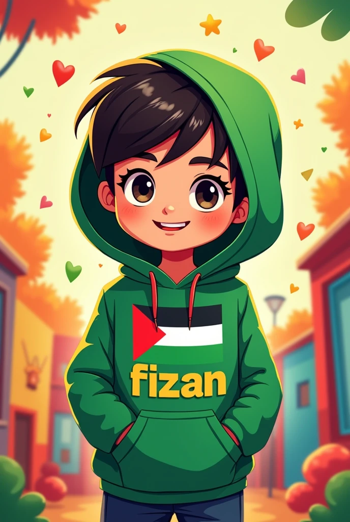 A poster with the name Fizan written on his shirt. A cute cartoon in a green hoodie with a Palestinian flag 