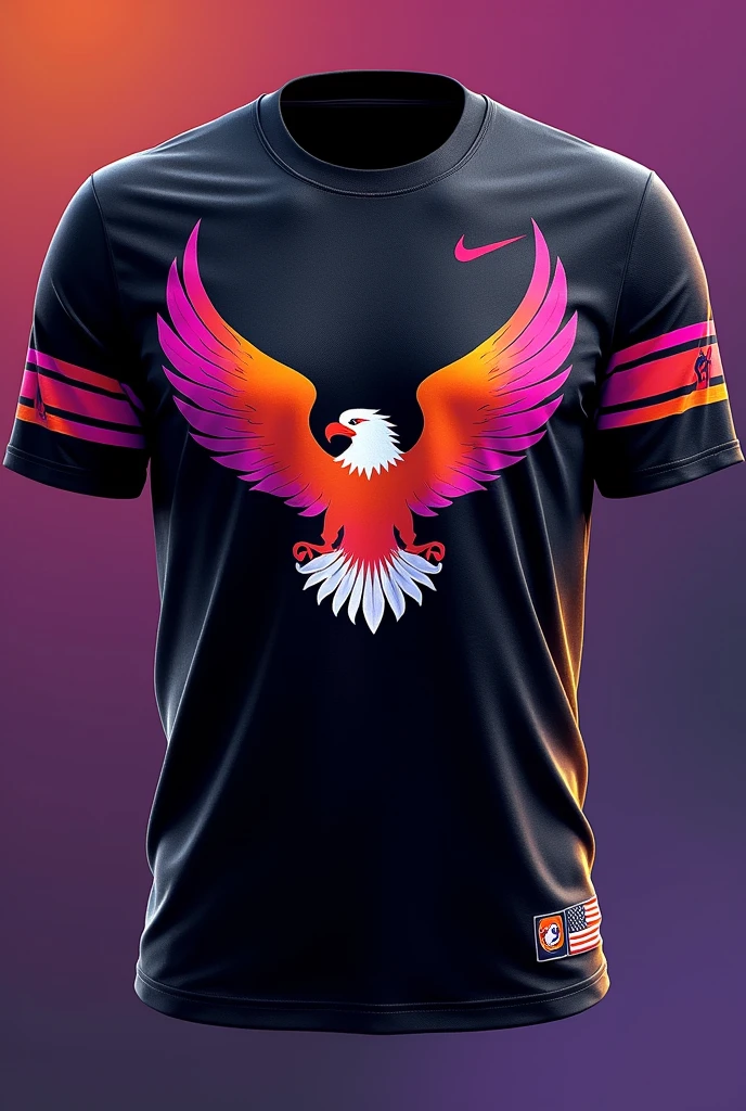make an atlanta sports shirt with the eagle ,with pink color details ,orange ,roxa ,blue with black base ,with some details on the sleeve and back of the shirt