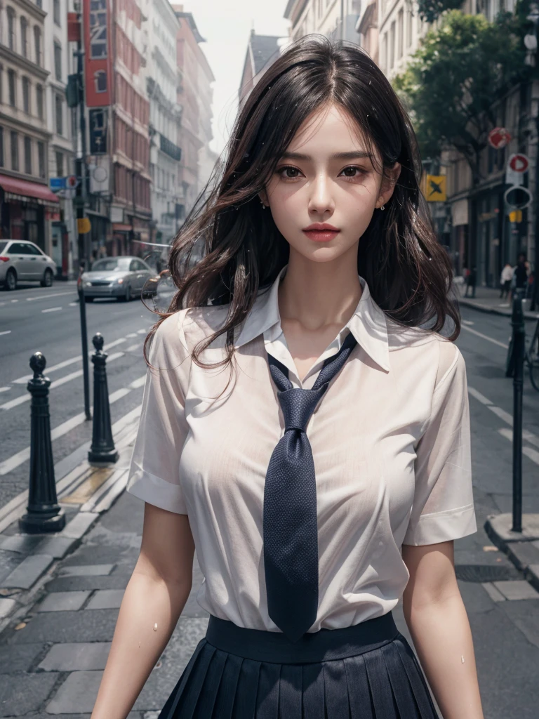 absurdres, RAW photo, extremely delicate and beautiful, masterpiece, Highest Quality, ultra high resolution, 32k, hyperrealistic, realistic, photorealistic, photo-realistic, Real, ultra-detailed, Very detailed CG 8k wallpaper, detailed background, landscape, Beautiful Lighting, Perfect Lightning, Realistic Shadows, perfect anatomy, anatomically correct, ideal ratio body proportions, perfect figure, Perfect Style, Perfect balance, super Detailed skin, in her 30s, very Slim body, narrow waist, very small head, very small face, delicate facial features, handsome detailed woman, very detailed eyes and face, realistic face proportions, Realistic beautiful face, Realistic beautiful eyes, tearful mole, earring, full body shot, whole body shot, very huge round tits, medium hair, asymmetrical hair, wavy hair, wet clothes, school_uniform, dress shirt, tie, sailor suit, Pleated mini skirt,