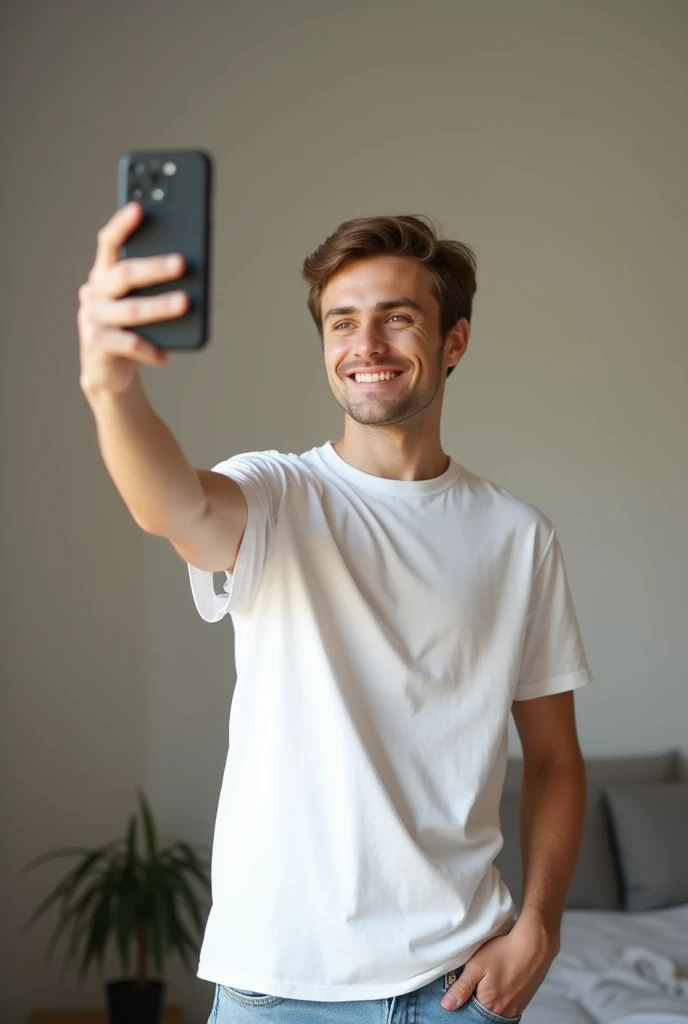 Create a picture which show a 20 german boy taking selfie in simple way