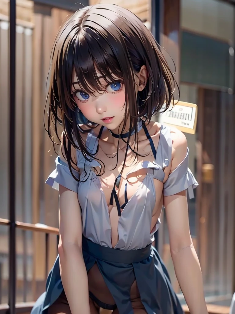 realism pov near distance makeing love figure fingertips touch own lips with self hand while kneering down and approaching aggressivery for a kiss neat pure beauty girl is beautiful japanese female and beautiful russian female mixed race only in the face age is 15 features of the whole body black hair medium straight bob cut hair style beautiful small face with short eyelashes boyish eyes only high nose dark blue pupils very thin upper lip milky white skin accurate attractive body shape beautiful nomal size bust waist hips thighs knees legs choker and tie on neck half opend eyes shy enamored face kindly and slight