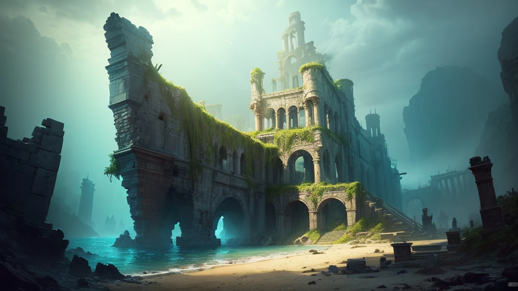 ((masterpiece)),((Highest quality)),((High Detail)),nobody,background,Undersea ruins, Sunken ancient city, deep sea, The ruined palace, dark, Old swords and shields, Old gold coin, ship wreckage