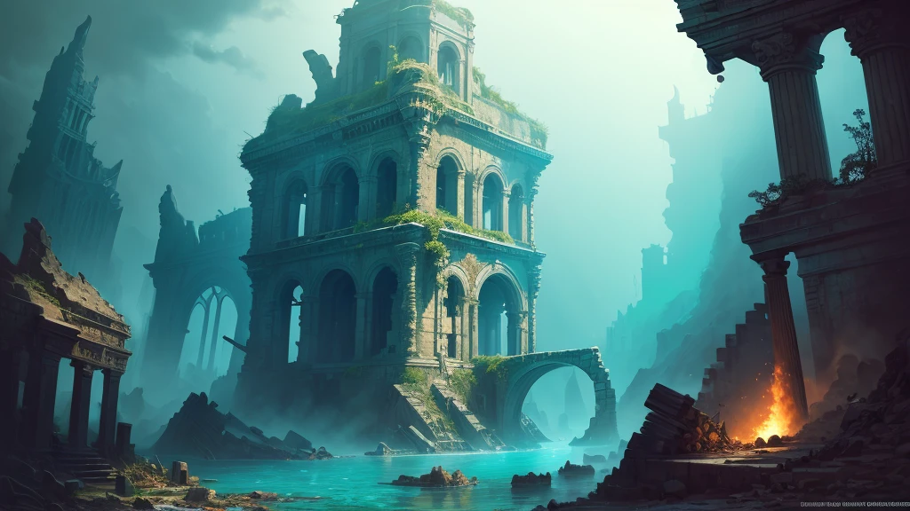 ((masterpiece)),((Highest quality)),((High Detail)),nobody,background,Undersea ruins, Sunken ancient city, deep sea, The ruined palace, dark, Old swords and shields, Old gold coin, ship wreckage