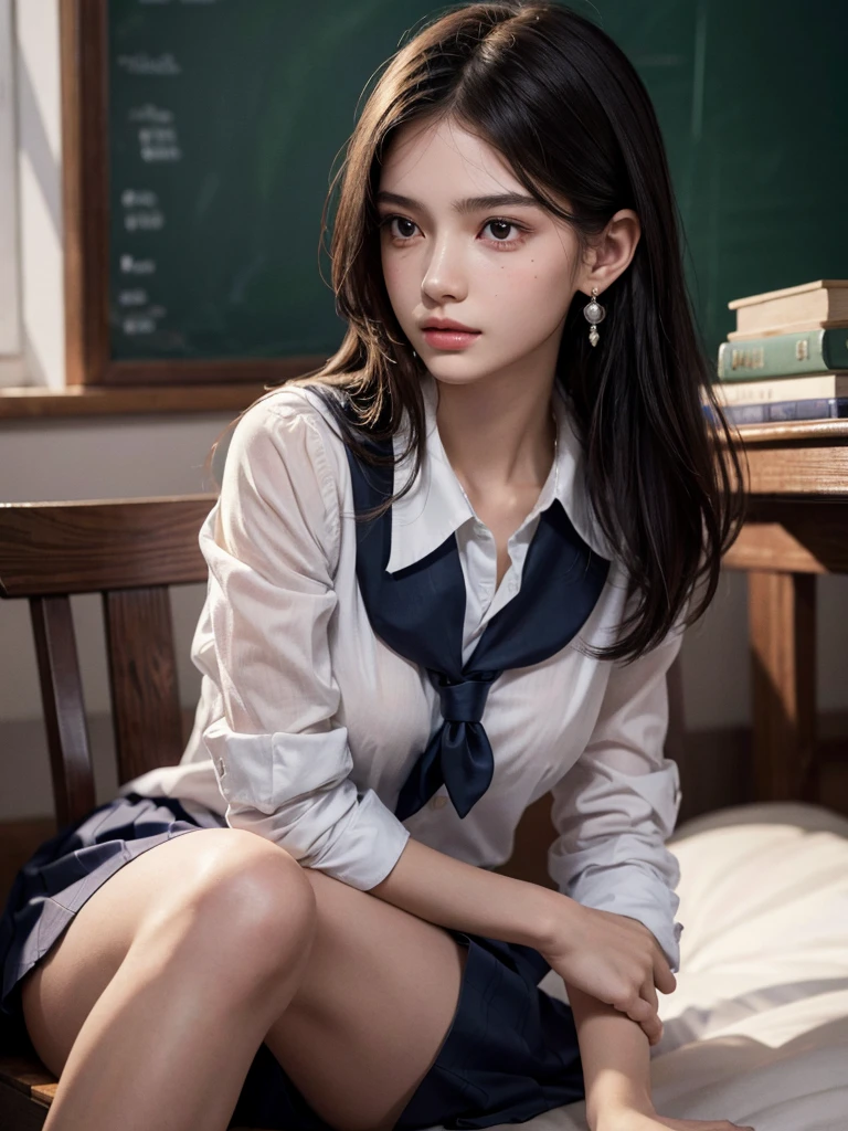 absurdres, RAW photo, extremely delicate and beautiful, masterpiece, Best Quality, ultra high resolution, 32k, hyperrealistic, ultra-detailed, perfect anatomy, super Detailed skin, perfect figure, Super Beauty, Perfect Style, Perfect balance, 20 years old, very small head, very small face, delicate facial features, detailed face, detailed eyes, tearful mole, earring, very huge round breasts, legs, medium hair, whole body shot, indoor, ((school_uniform)),