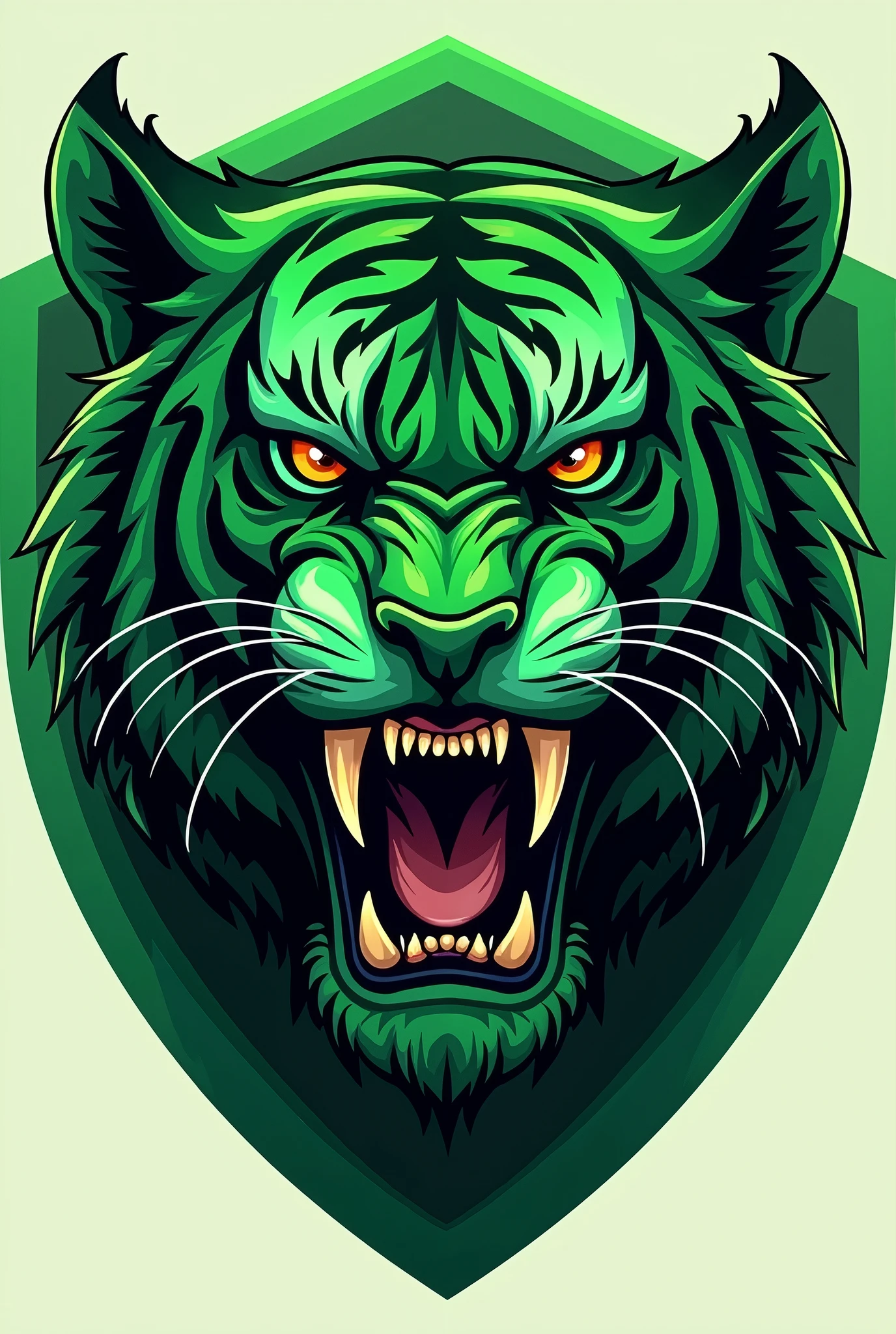 Create a saber-toothed tiger shield for your team Simplest without background Just the face Green color Less realistic More beautiful Simplest