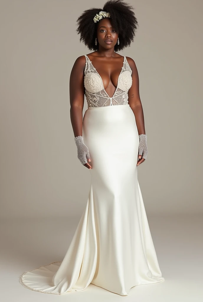 The body of the dress is ivory silk. The model has breasts and hips. Remake the dress so the skirt of the dress is in silk. Woman’s measurement is

Hips :41
Bust: 36
Waist: 29
Height: 5’3

Create an Ivory Silk wedding dress cut on bias in a column style. It has a plunging neckline with beaded mesh tulle on the bodice area going up to tie around the nape of the neck in a 3D flower. The back is bare up to the waist. There is a small train. The train is inserted under the silk dress and it is the same fabric as the beaded mesh tulle on the bodice. The gloves are also the same fabric as the beaded tulle in a lightweight mesh. The woman wearing the dress is black, dark skin, 5’3,  but with slight curves. Her hair is in a coily Afro and she has a flower crown made of baby’s breath