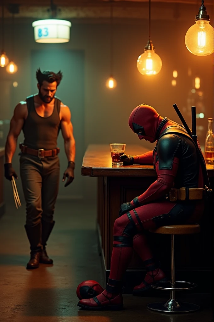A realistic scene set in a dimly lit bar late at night. Wolverine is walking towards the exit, his shoulders tense and his head slightly bowed, as if he's carrying a heavy burden. At the bar counter, Deadpool sits alone on a stool, holding a half-empty glass of whiskey. His usually playful demeanor is gone, replaced by a rare moment of quiet sadness. His mask is off, lying on the counter next to the glass, and he stares down at it, lost in thought. The warm, golden light of the bar contrasts with the heavy emotions in the room, highlighting the sense of a friendship strained by difficult decisions."