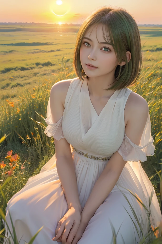 masterpiece, extremely detailed, photorealistic, detailed symmetric realistic face, ((Beautiful woman watching the sunrise in a grassland:1.5)), (horizon:1.3), sunrise, white dress, short hair, green hair, soft smile, glasslike eyes, green eyes, sparkle eyes