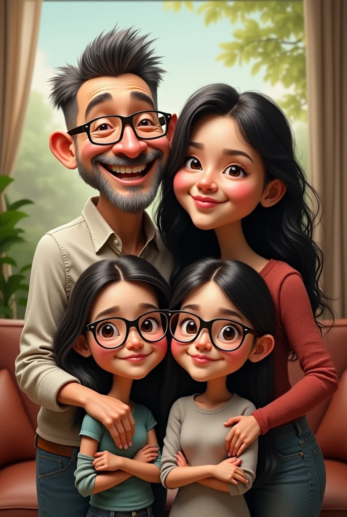 3D realistic caricature drawing.
The family consists of:
A 50-year-old father with very short hair,
a 4 chubby brunette mother,
two teenage girls, with long black hair and glasses,