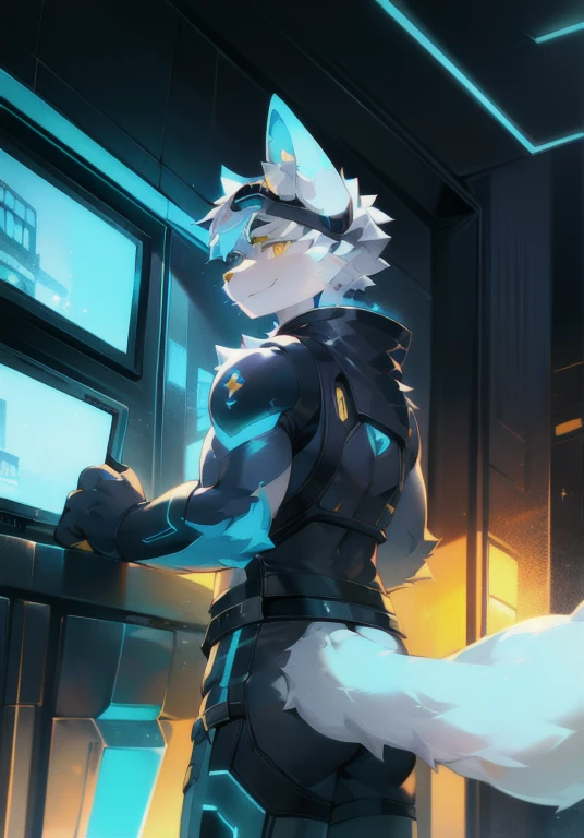 White male cat，boys，Handsome，Silver Hair，Detailed background，，Golden Eyes，futuristic city，Neon lights，Wearing black tech armor，Wearing goggles，Hairy pads，Big furry tail，Blue-white ears