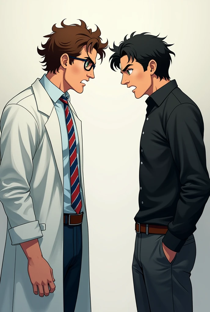 create two guys 20 years on side view looking at each other, in the left the guy is taller has eye glasses and has brown wavy curly hair, he wears lab gown over white long sleeves and blue and red stripes tie, has green eyes looking at the other guy angrily, the other guy beside him wears black clothes has wavy black hair and looks as if he's trying to provoke the other guy.