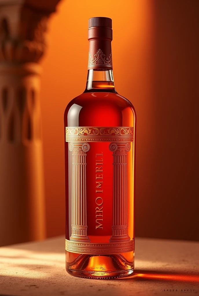 give me a glass beverage box packaging with column relief and inspired by the written Roman Empire " Aperol imperium" It's a glass bottle just like the one with the label