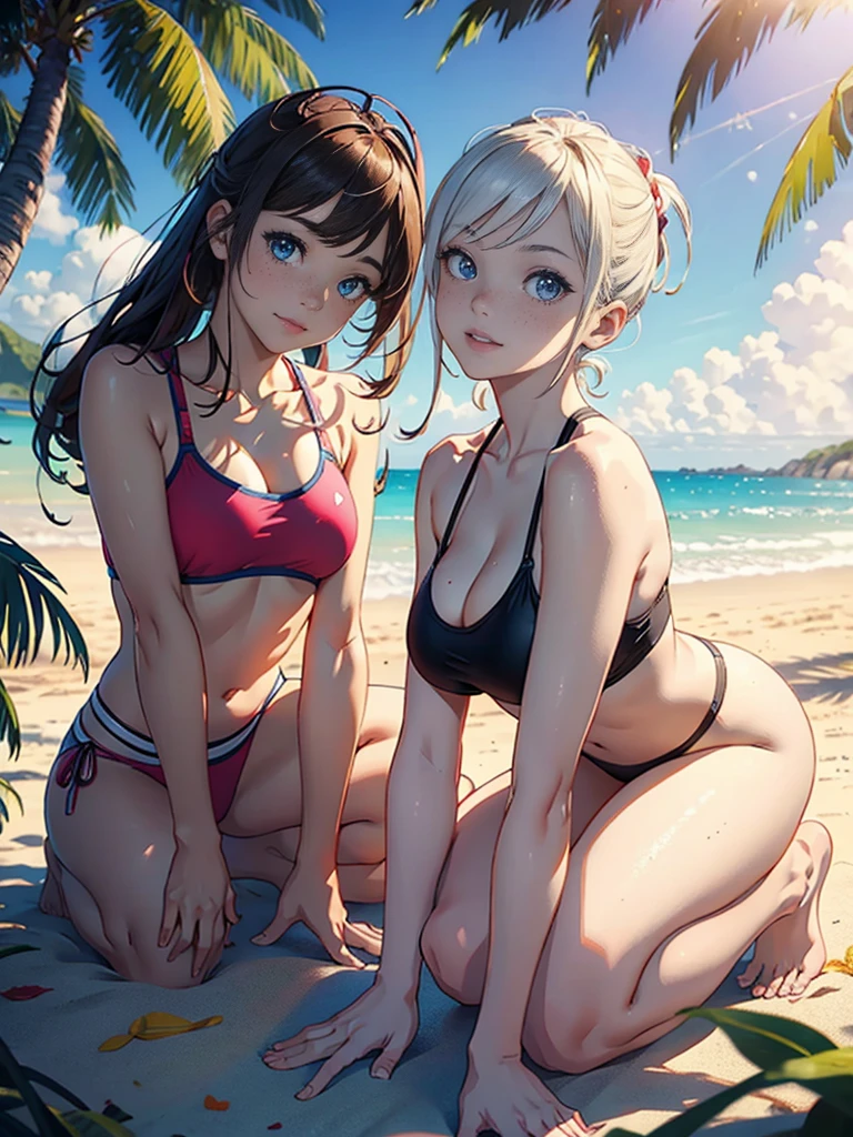 a beautiful young woman of 2, smiling innocently, wearing a colorful swimsuit, rolling up her t-shirt to reveal her swimsuit, standing on a summer beach, sensual and cute with freckles and a mole under her left eye, playfully brushing off sand from her bottom, (solo:1.1), best quality, 4k, 8k, highres, masterpiece:1.2, ultra-detailed, realistic, photorealistic, photo-realistic:1.37, anime style, vivid colors, studio lighting