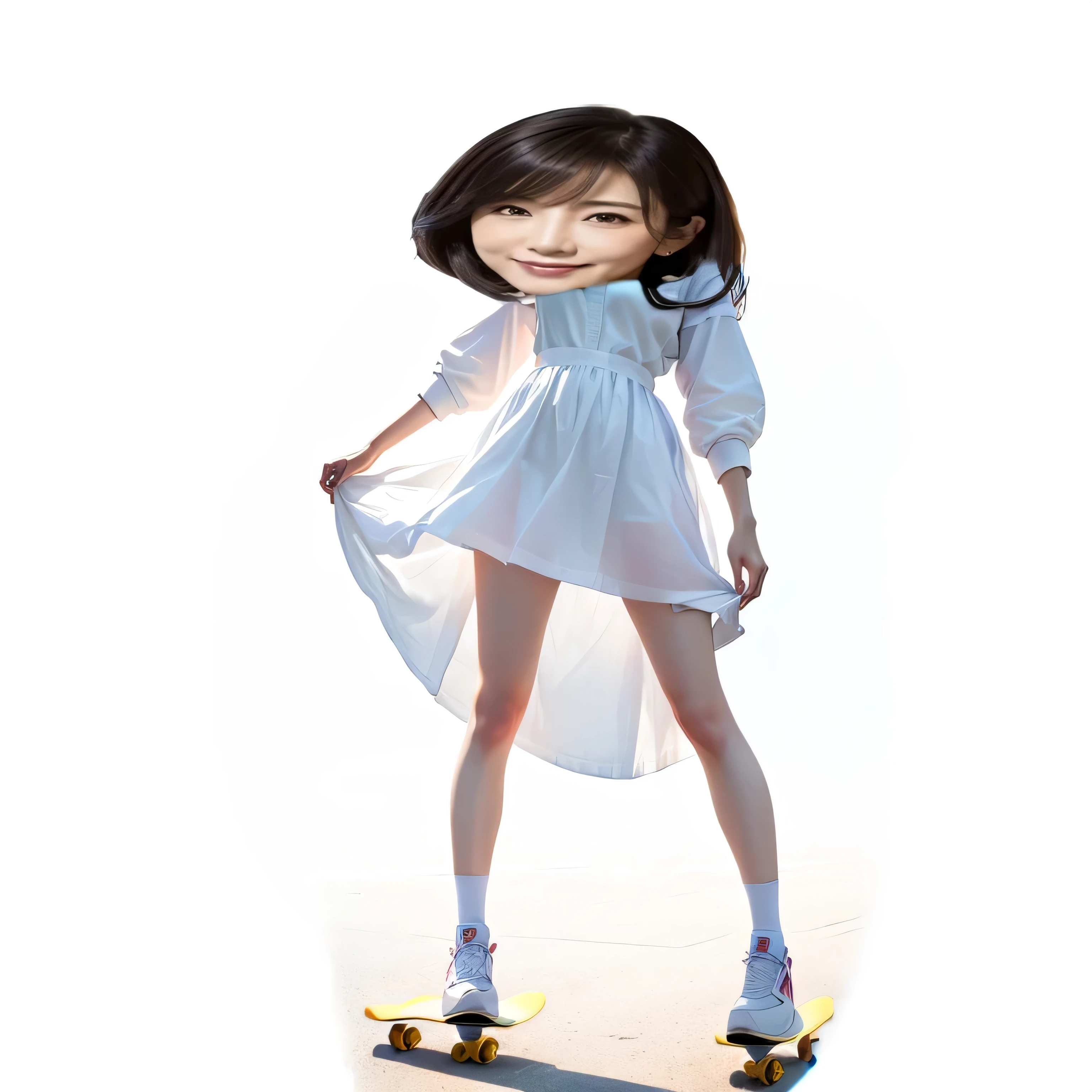 There is a woman standing on a skateboard, Fully clothed. clear, Girl in dress, Full body close-up shot, Full body portrait, Korean, Realistic clothing, Yunling, Full Portrait, Korean women, Full body photo, Inspired by Zhou Wenjing, Li Ziyan, White tunic