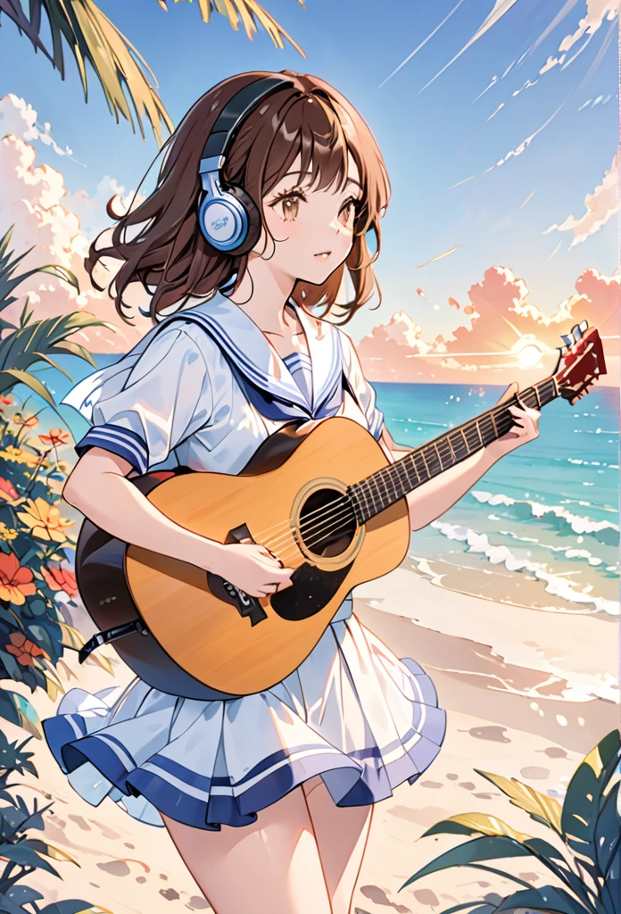 Girl wearing headphones,Brown Hair,1 person,Detailed Background,(sailor uniform:1.2)(play the guitar.sing a song.:1.3)(Summer evening、sunset)(beach、Ripple)
