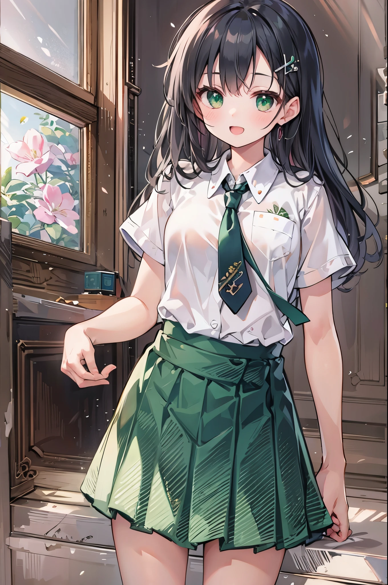 ((Highest quality, 8k, masterpiece: 1.3)), whole body,1 personの,1 person,,Glamorous Body,cute,smile,Open your mouth,Black Hair,Beautiful emerald green eyes,long hair,Stand in front,((White short sleeve blouse,tie)),Black pleated mini skirt,loafers,Cute gestures,