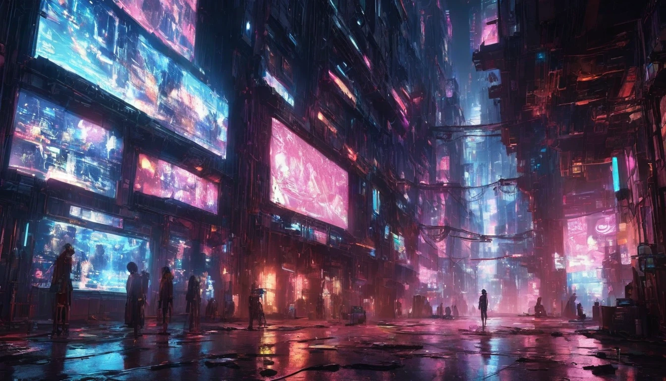 In a dimly lit cyberpunk cityscape (red), Against the backdrop of neon lights,A pensive figure, Digital nomad with a dark vibe. This concept art is a digital illustration,Capturing the essence of futurism, Mysterious person. Detailed scene presentation, Highlighting the complex cybernetic enhancements on the Nomads, shadow over face, And the flashing lights of electronic devices. The art is very realistic, Immerse the audience in a technologically advanced、In the isolated world of the city,Japanese cartoons , boy , solo boy