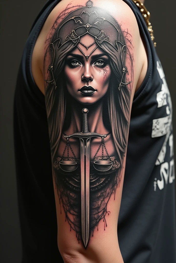 Tattoo of the goddess of justice with the sword down and resembling a soldier