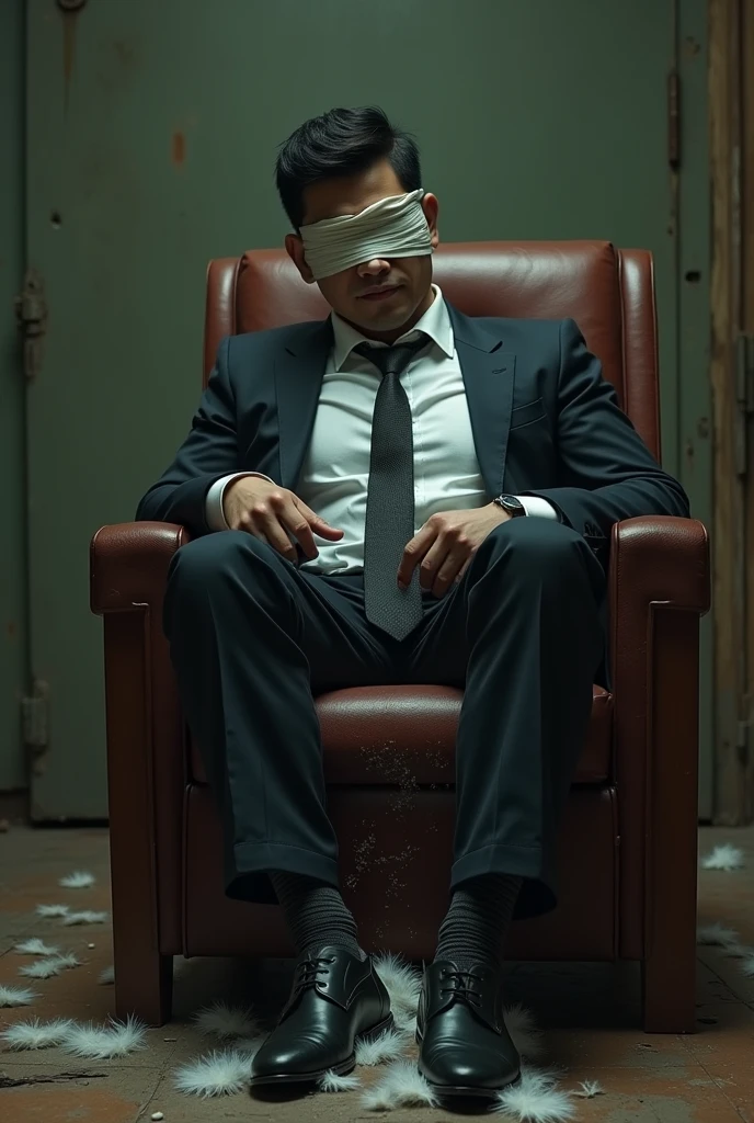 There is a handsome businessman named Zarul tangan,legs with black socks tied to a chair and eyes covered with a cloth The kidnapper held Zarul&#39;s feet with his hands and tickled Zarul&#39;s soles with chicken feathers and he laughed with amusement