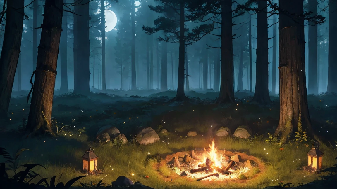 Forest Glade, campfire in a circle of stones, grass bushes, fireflies, fern, night, лес nightю, dark sky and bright moon, (Masterpiece, Best quality), Creepy misty forest illustration, volumetric lighting, Moonlight, ray tracing, Resolution 8K, gothic aesthetics, bottom view