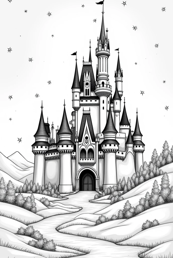 Fairytale castle, black and white as coloring page