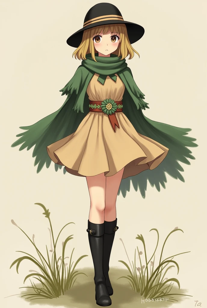 A girl in a short beige flared dress, with a flower belt with green and brown tones, with black knee-high boots, a black hat with a stripe the same colour as the dress's belt and a green shawl