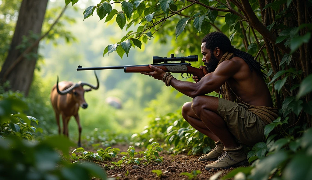 An African hunter behind a bush aiming at a game in the thick forest 