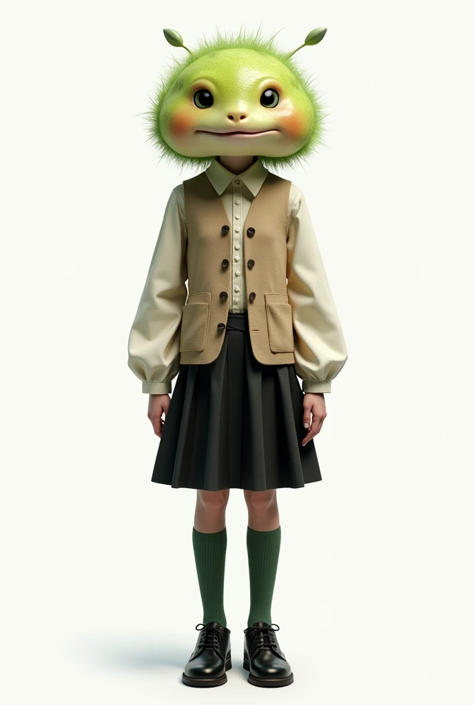 ((Highest quality)), ((photorealistic, hyperrealistic photo, portrait)), (front), Grass puffer with a female head, A woman with a human body, She is wearing an off-white collared short-sleeved shirt, a light brown vest, a knee-length black skirt, dark green socks, and black shoes., Background is white, Photorealistic images,