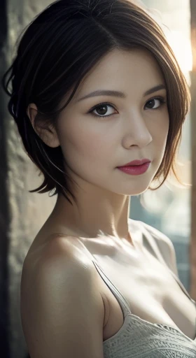 8K Ultra HD、RAWphotograph、モデルphotograph撮影、Asian race, European laces, (masterpiece, Highest quality, photoGenuineistic, High resolution, photograph: 1.3), close, focus on, Hot Model, slim, 40 year old mature woman、Small face、Shortcuts、Dark brown hair、Beautiful eyes in every detail、Genuineな肌, (Perfect body), Sexy hot face, erotic, sexual sight, slim, Sweat top, Beautiful eyes in every detail、Glossy Lips、Small breasts、、Bust B cup、((Bright light、Dynamic Lighting、Genuine、超Genuine、 Genuineism、Genuineistic details、Cool Beauty、Cool pose、Background gray、Plain gray background