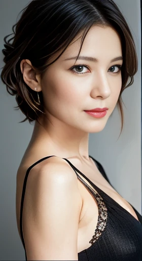 8K Ultra HD、RAWphotograph、モデルphotograph撮影、Asian race, European laces, (masterpiece, Highest quality, photoGenuineistic, High resolution, photograph: 1.3), close, focus on, Hot Model, slim, 40 year old mature woman、Small face、Shortcuts、Dark brown hair、Beautiful eyes in every detail、Genuineな肌, (Perfect body), Sexy hot face, erotic, sexual sight, slim, Sweat top, Beautiful eyes in every detail、Glossy Lips、Small breasts、、Bust B cup、((Bright light、Dynamic Lighting、Genuine、超Genuine、 Genuineism、Genuineistic details、Cool Beauty、Cool pose、Background gray、Plain gray background