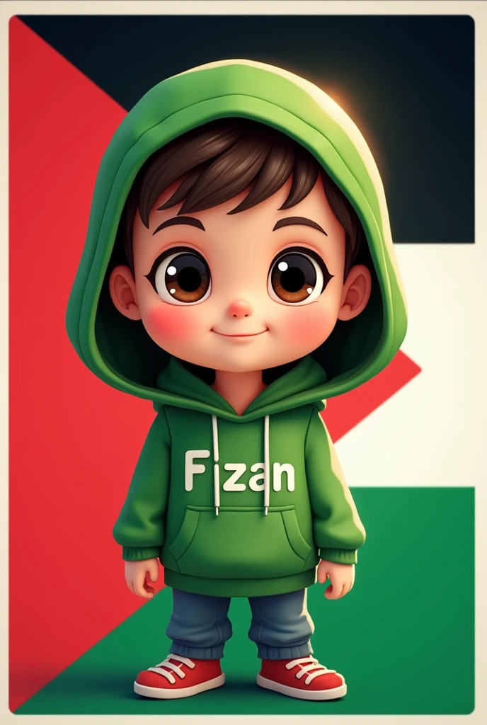 A poster with the name Fizan written on his shirt. A cute cartoon in a green hoodie with a Palestine flag background