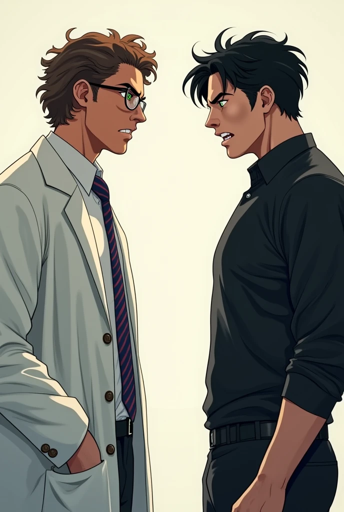 create two guys 20 years on side view looking at each other, in the left the guy is taller has eye glasses and has brown wavy curly hair, he wears lab gown over white long sleeves and blue and red stripes tie, has green eyes looking at the other guy angrily, the other guy beside him wears black clothes has wavy black hair and looks as if he's trying to provoke the other guy.