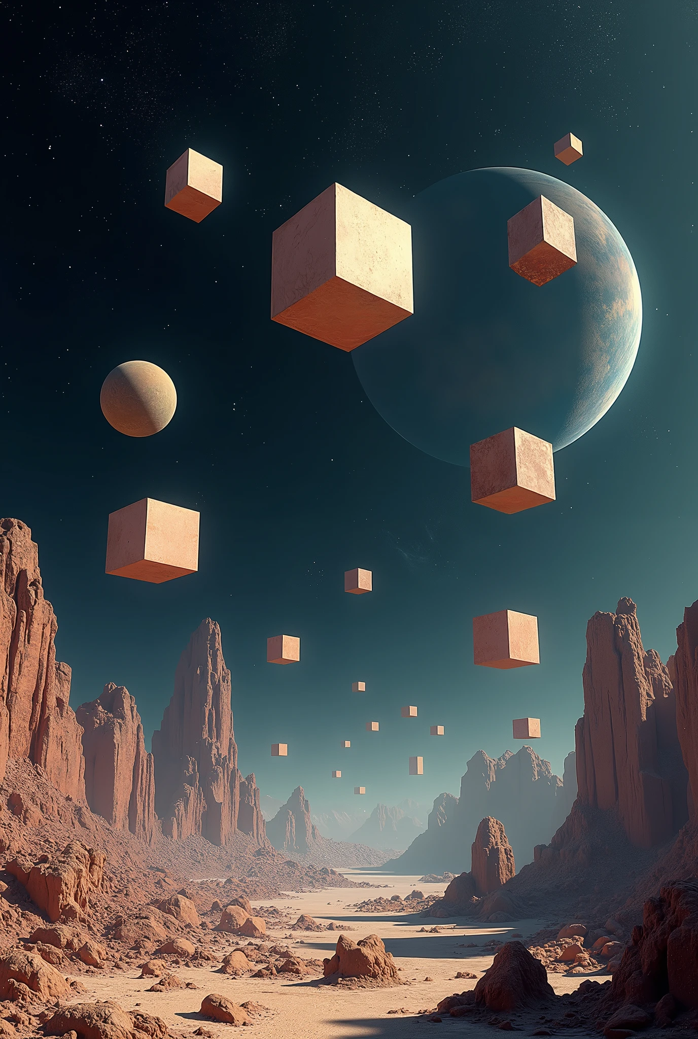 a shot of floating geometrical 3D shapes levitating above ground in close proximity in an alien otherworldly landscape filled with geometrical remnant ruins from an old civilization staying silent guarding the landscape. it is night time with pitch black sky filled with stars, planets and nebulas making the deep space visible. in the style of IMAX FILMS. surreal world, realistic, photorealism, high resolution, best quality, sharp details, 4K HDR