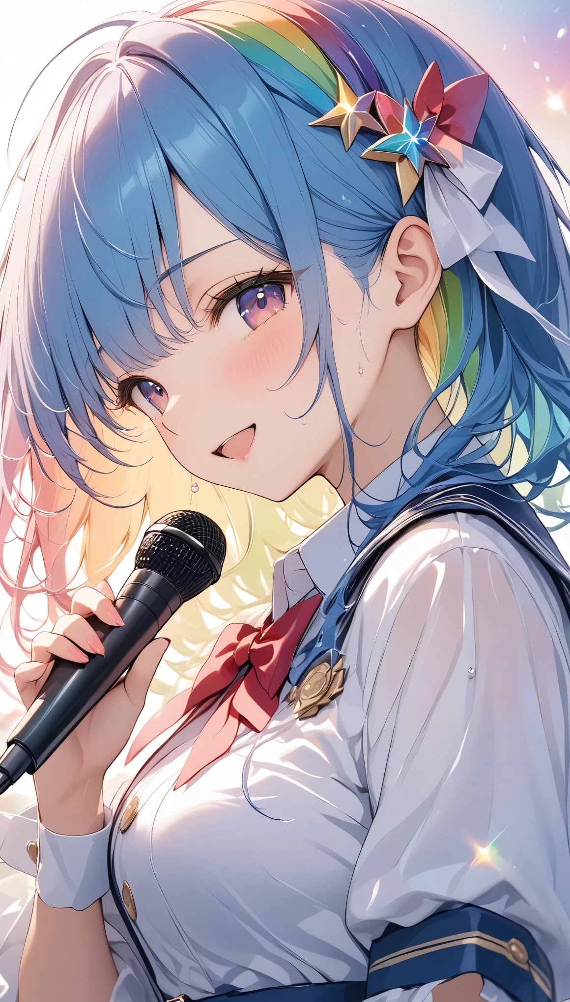 Highest quality、Highest quality、Ultra-detailed、(masterpiece:1.2),Very absurd、4K,8k,Idols singing in front of an audience、Uniform-like outfit、Hold the microphone in your right hand、Left hand wide open、cute、Sing happily、Sweat gushing forth、profile、、rainbow、Sparkling effects